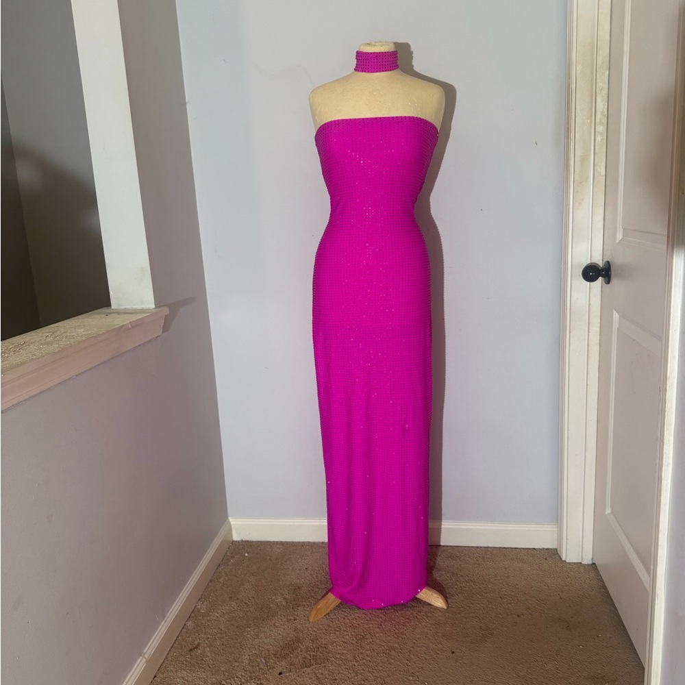 Pink magenta Strapless handmade rhinestone Dress L Fancy by francesca Watson